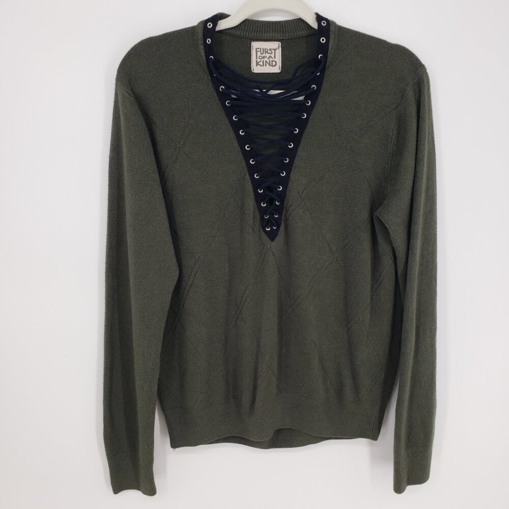 LF Furst of a Kind Lace Up Plunge Neck Sweater M Womens Upcycle Olive Green